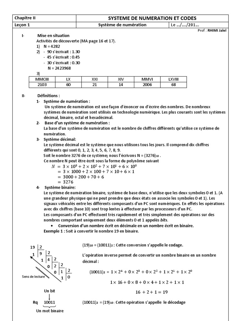 Système De Numération Cours Et Exercices Corrigés Pdf Cours - Technologie SYSTEME DE NUMERATION ET CODES - 2ème Informatique  (2011-2012) MR RHIMI Jalel | PDF | Décimal codé binaire | Bit