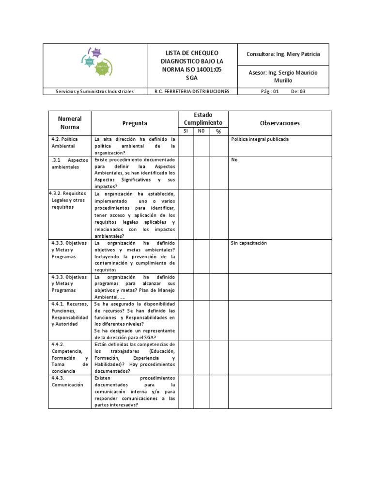 Lista de Chequeo Diagnostico Bajo La Norma Iso 14001 | PDF | Salud y ...