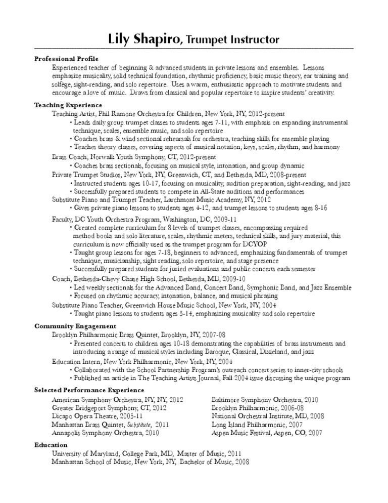 website teaching resume Orchestras Trumpet