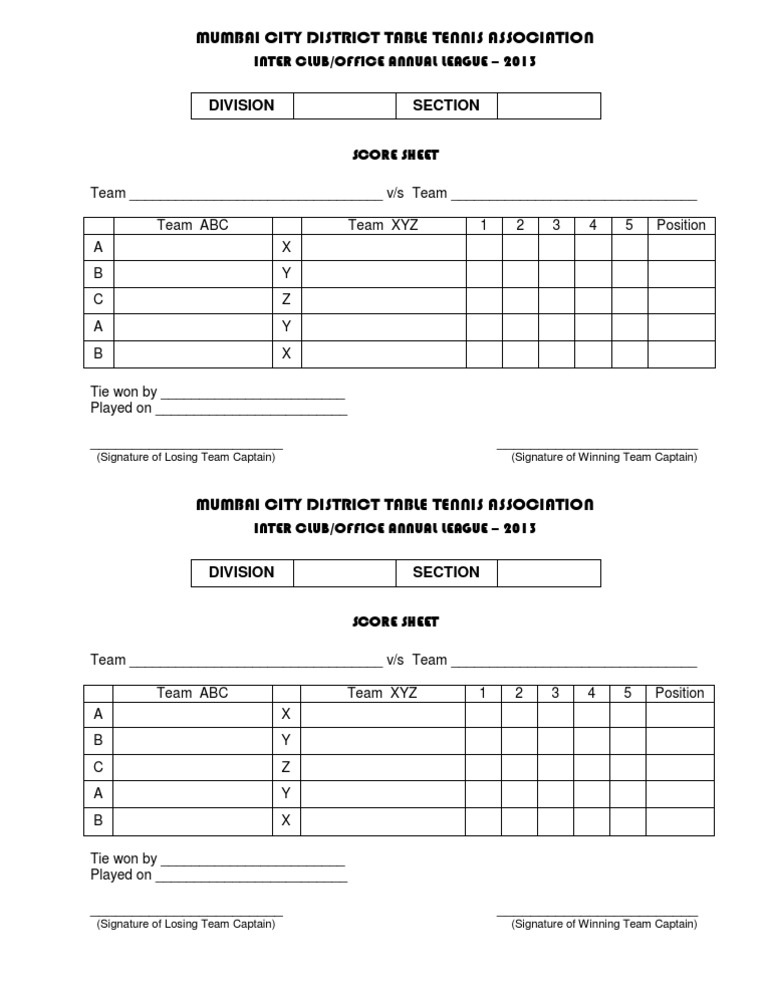 Scoresheet MEN Table Tennis | PDF