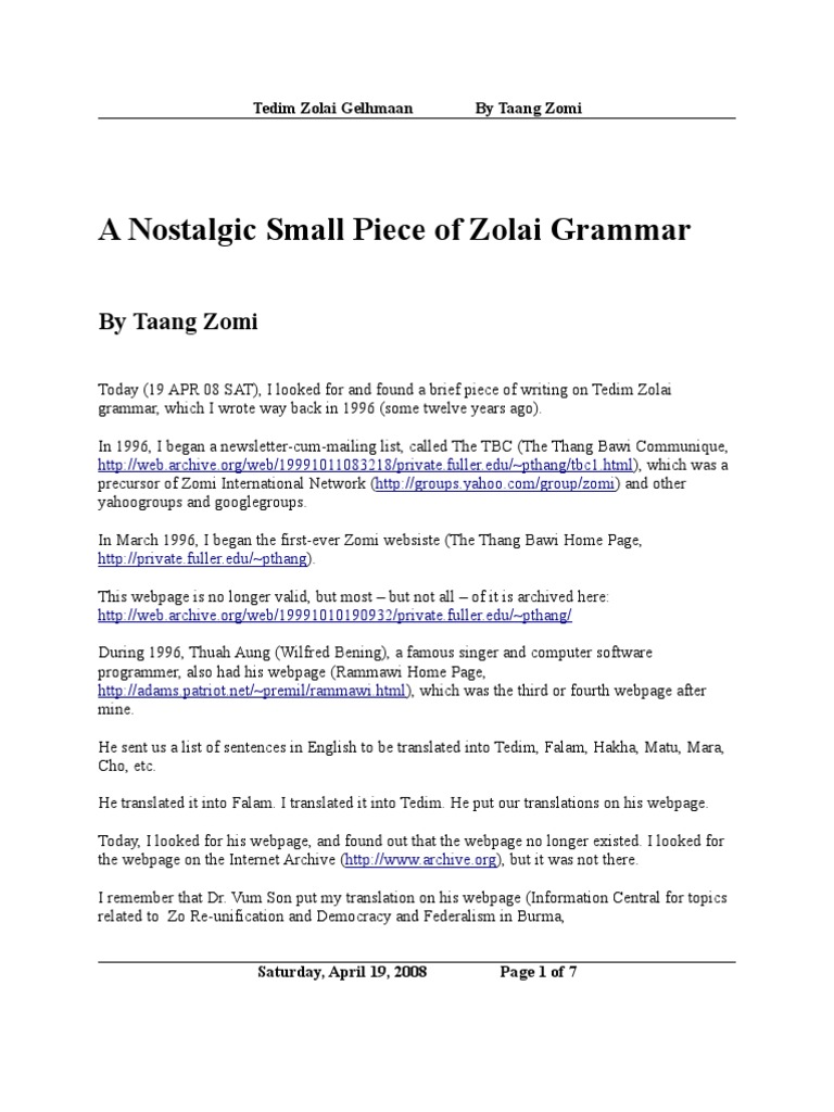 A Nostalgic Small Piece of Zolai Grammar PDF Preposition And