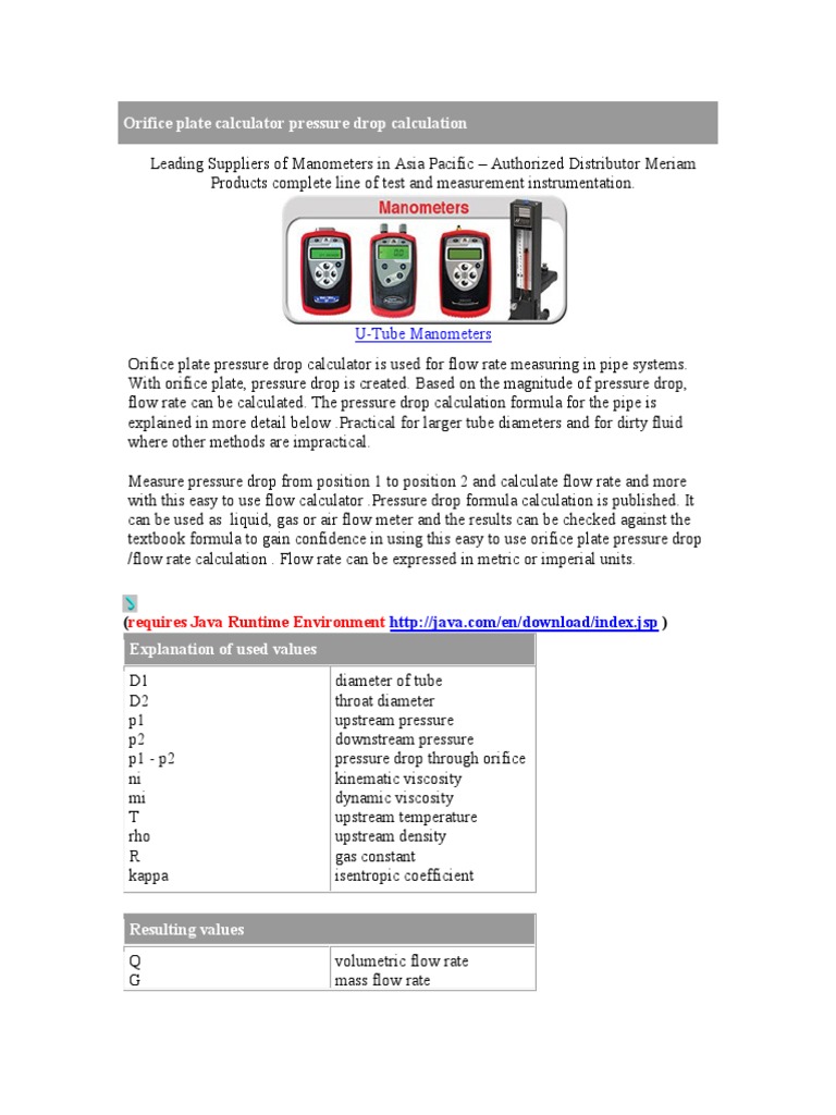 Orifice Plate Calculator Pressure Drop Calculation | PDF | Fluid ...