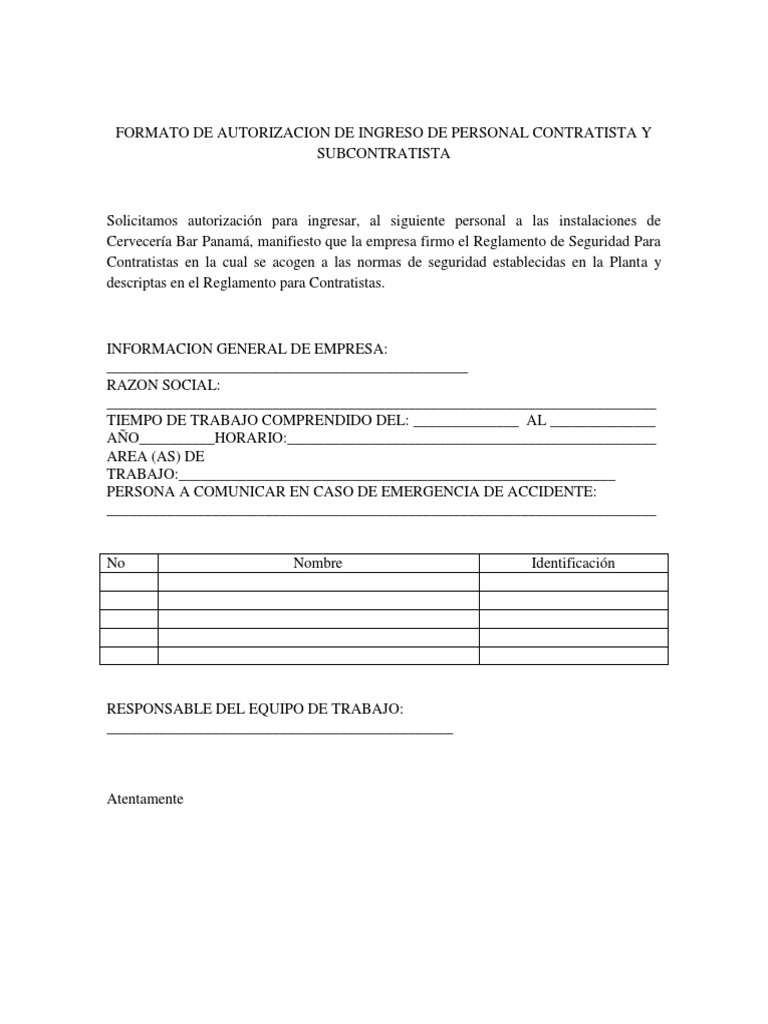 Formato de Autorizacion de Ingreso de Personal Contratista y Subcontratista  | PDF | Business