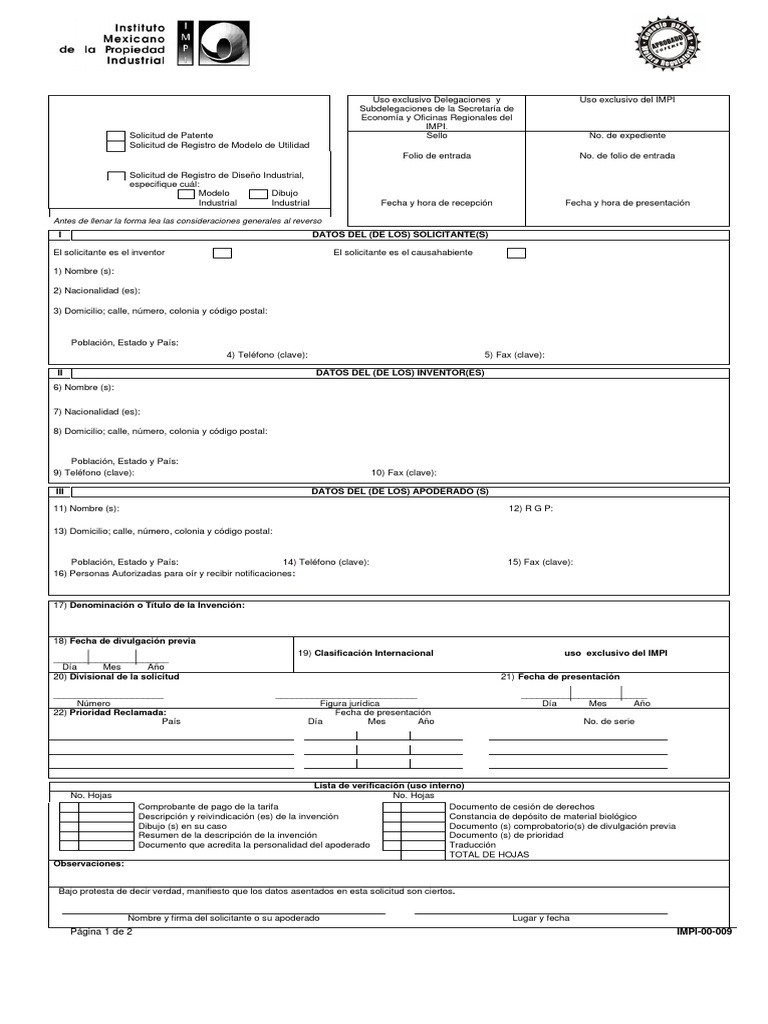 formato registro diseño industrial IMPI_00_009  Patentar  Gobierno