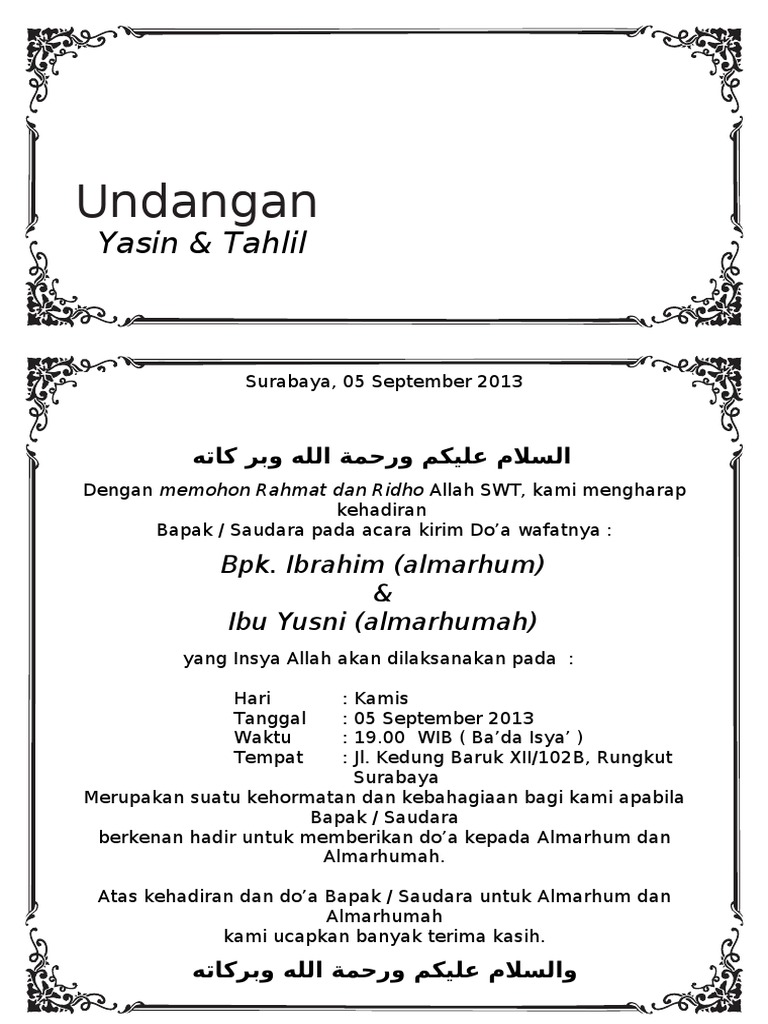 Contoh Undangan Tahlil 40 Hari Yang Bisa Di Edit 1 Lembar 2 Undangan