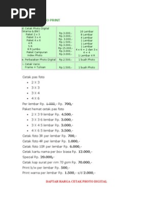 Harga Digital Photo Print Warnet