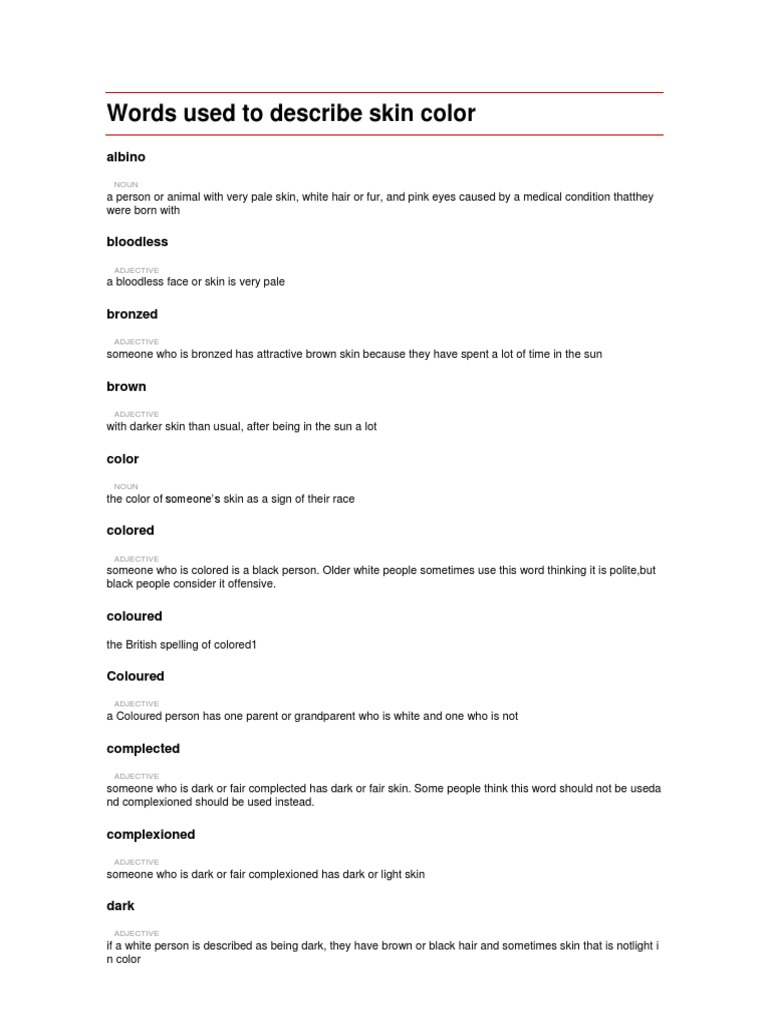 Descriptive Words for Skin Color | PDF