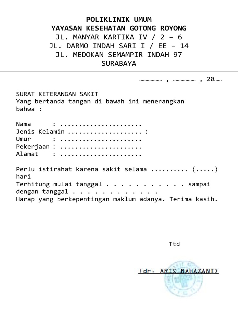Surat Keterangan Sakit Dari Dokter Doc Suratmenuhargacom