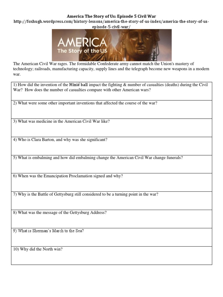 America The Story Of Us Episode 5civil War Worksheet American Civil War Union American Civil War