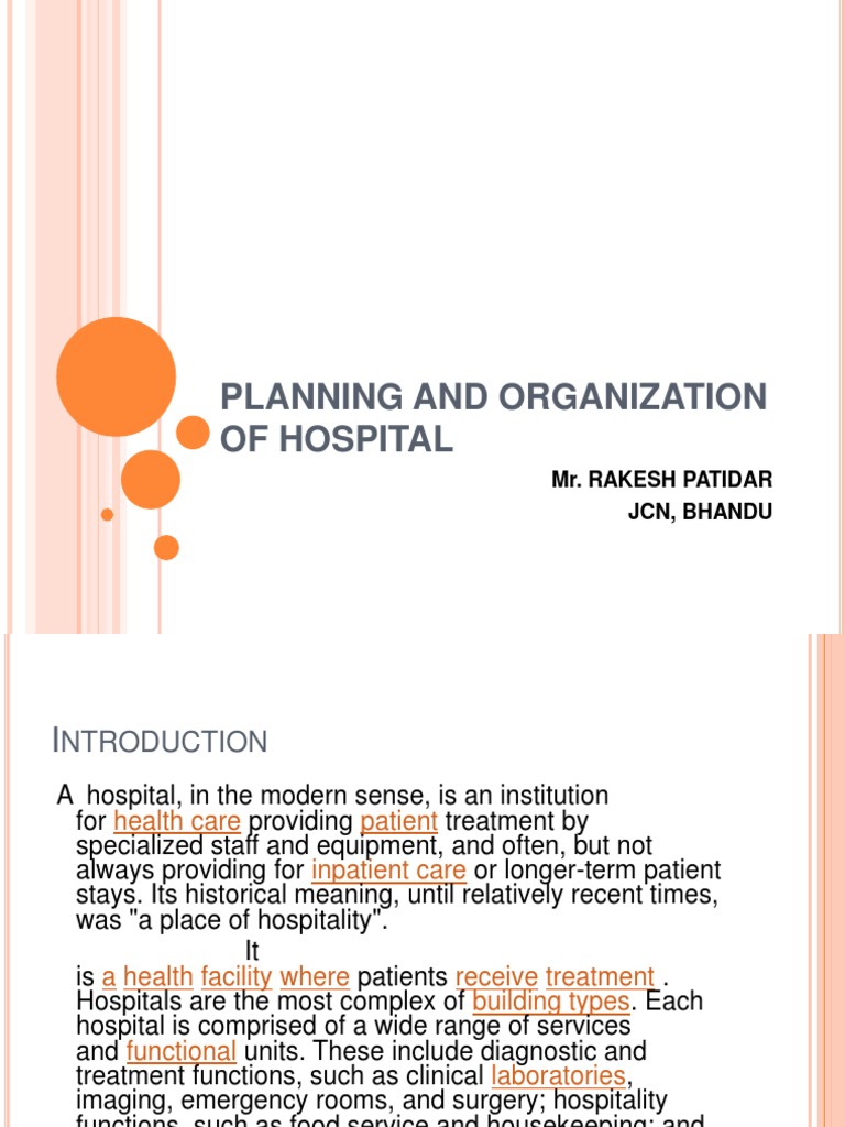 Planning and Organization of Hospital: Mr. Rakesh Patidar JCN, Bhandu ...