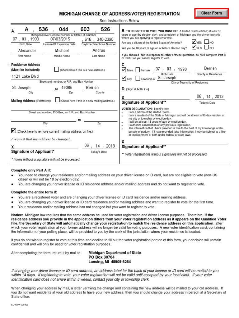 Change of Address FormDMV PDF Voter Registration Identity Document