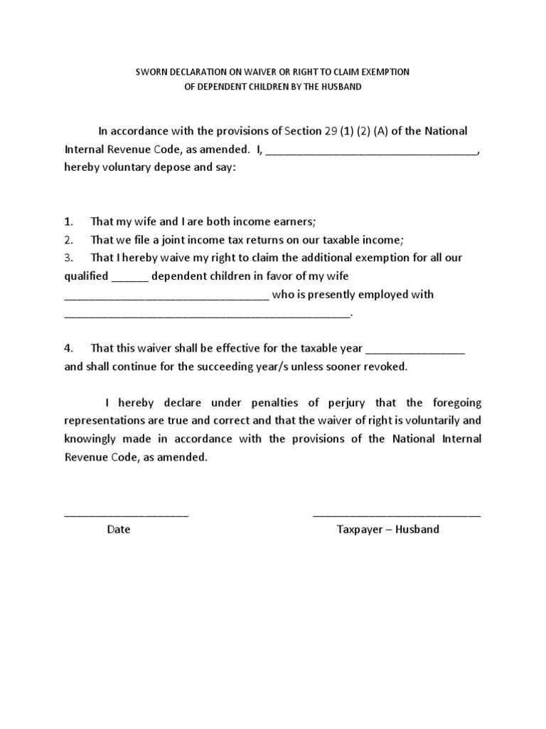 Sworn Declaration On Waiver Or Right To Claim Exemption Of Dependent