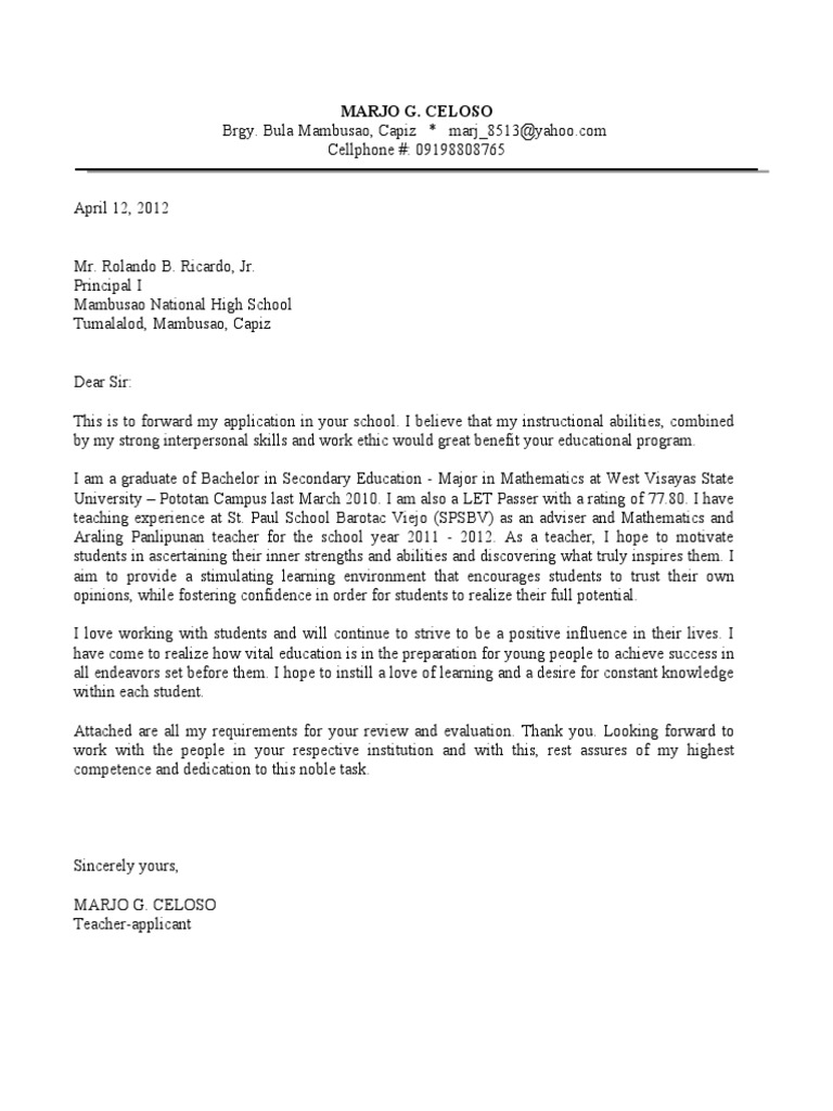 application letter of teacher sample