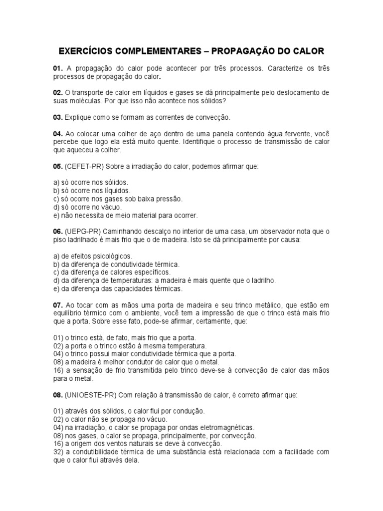 Exercícios sobre Propagação de Calor 7º Ano | PDF | Convecção | Calor