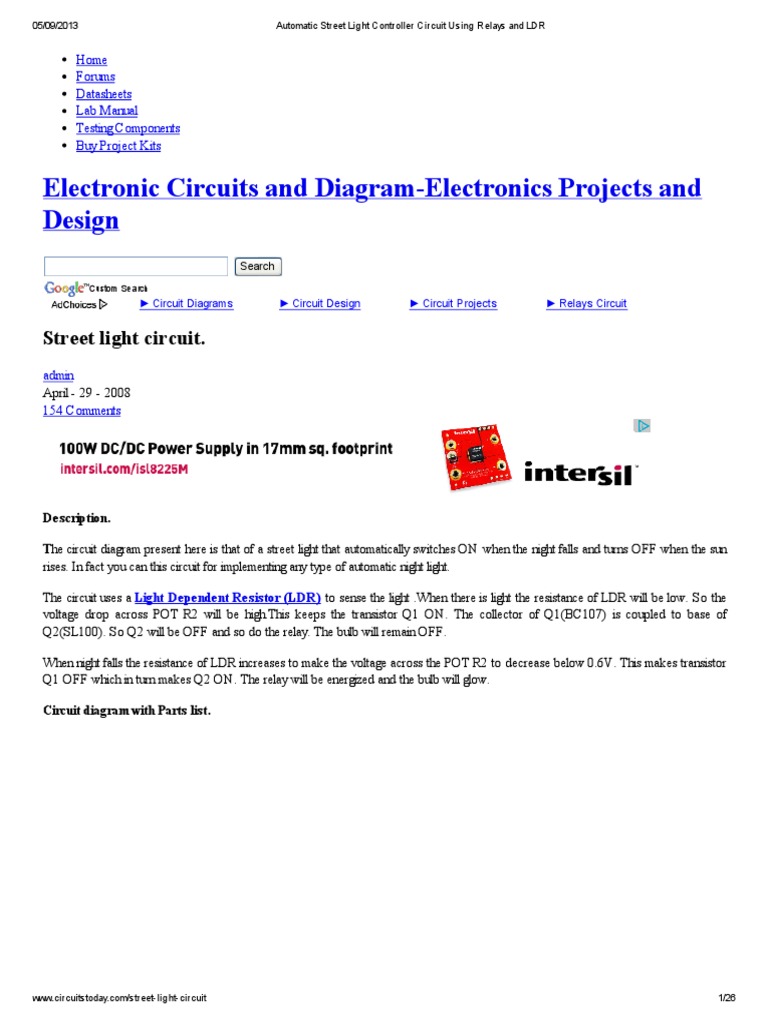Automatic Street Light Controller Circuit | PDF