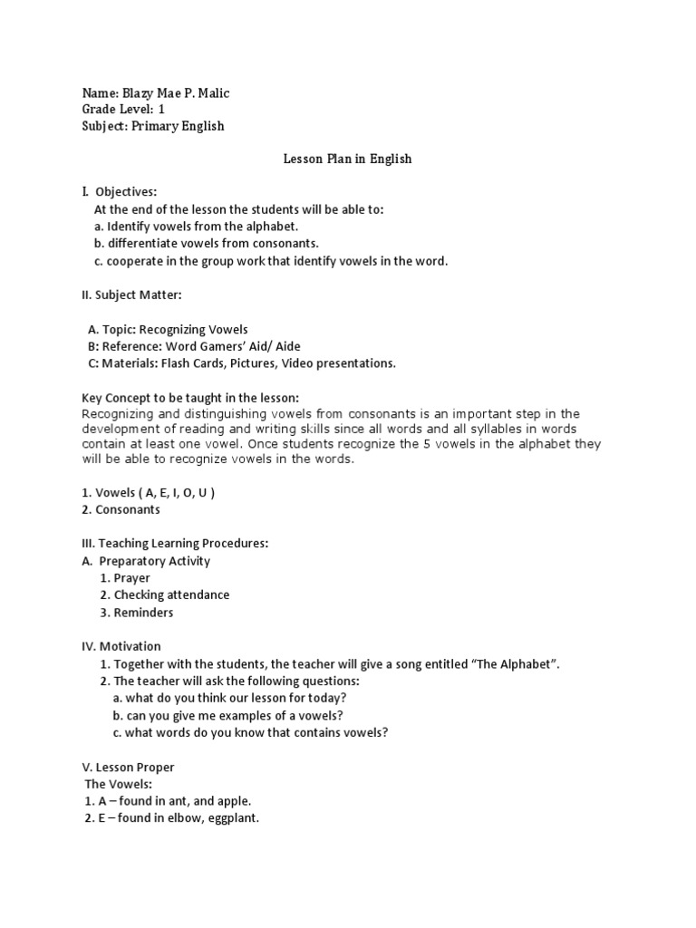 Grade 1 Vowels Lesson Plan | PDF