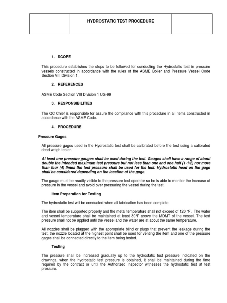 Hydrostatic Test Procedure PDF PDF Pressure Measurement Building