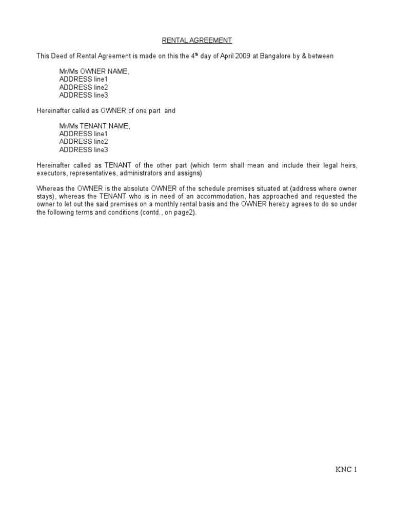 Rent Agreement Copy For Bangalore Leasehold Estate Lease
