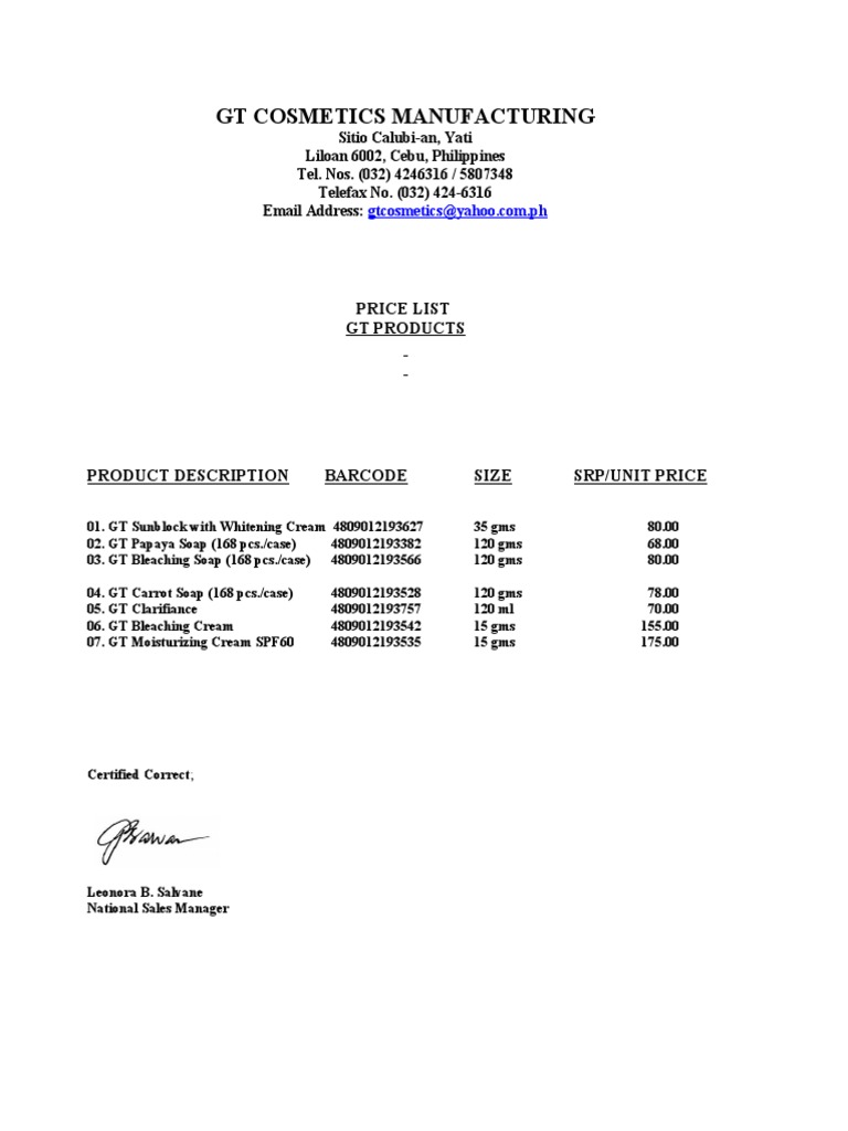 Price List Gt Products Pdf