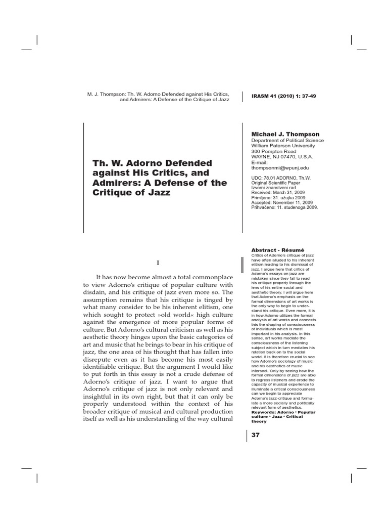 Adorno Jazz PDF Theodor W. Adorno Aesthetics