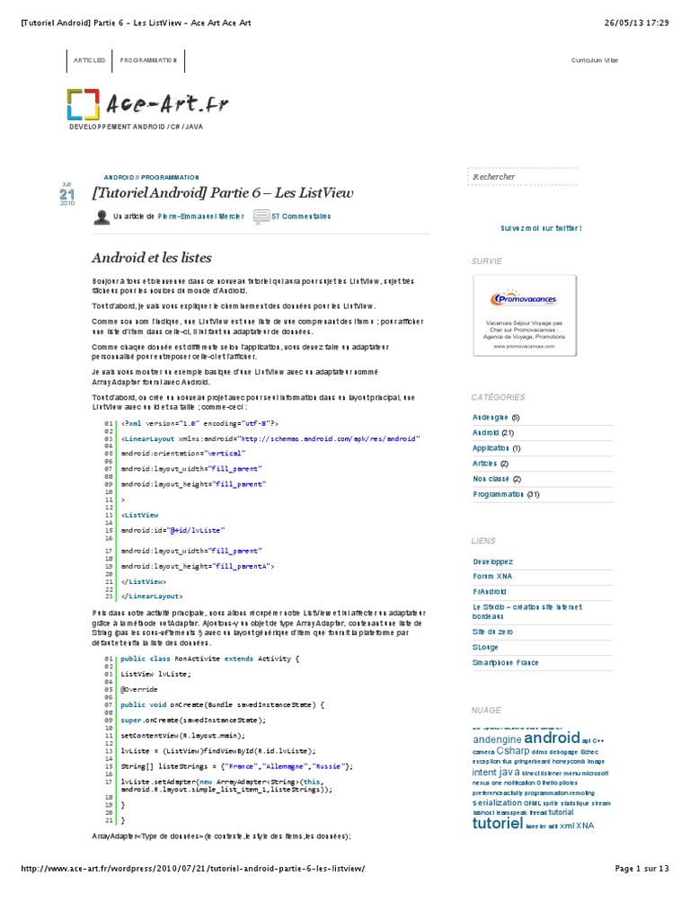 Tutoriel ListView Android Simplifié | PDF | Android (Système d ...