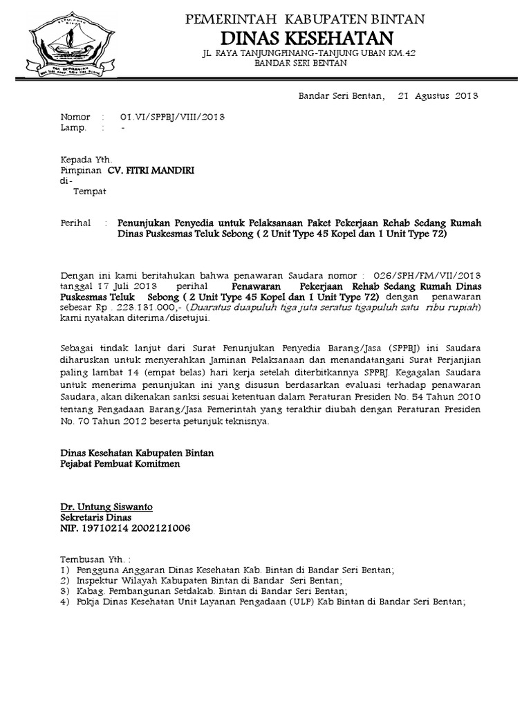 Penunjukan Penyedia SPPBJ Dinas Kesehatan | PDF