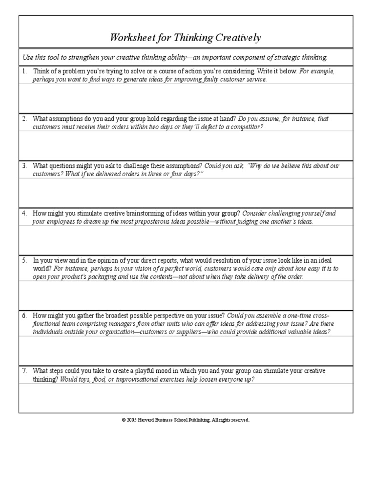 Worksheet for Thinking Creatively