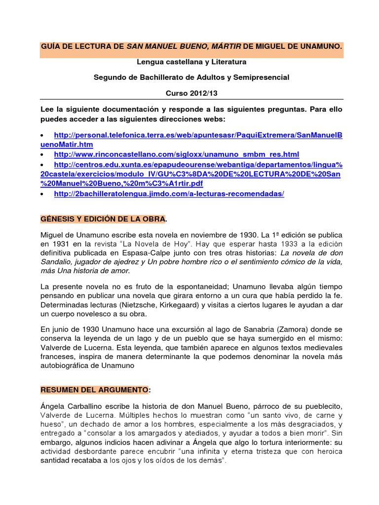 Gu A de Lectura de San Manuel Bueno PDF Cristo (título) Fe