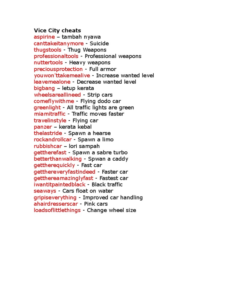 GTA Vice City Cheat Codes List | PDF | Technology & Engineering | Business
