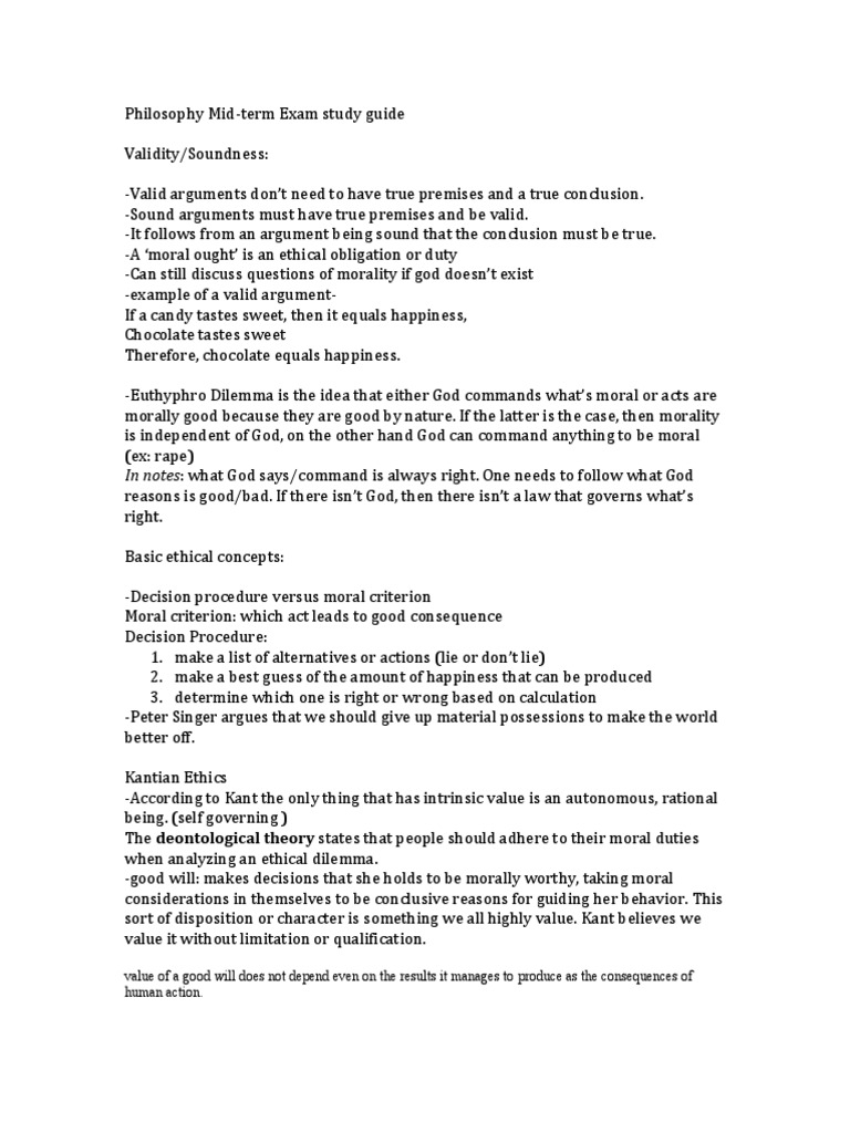 Philosophy Mid-term Exam Study Guide | PDF | Virtue | Morality