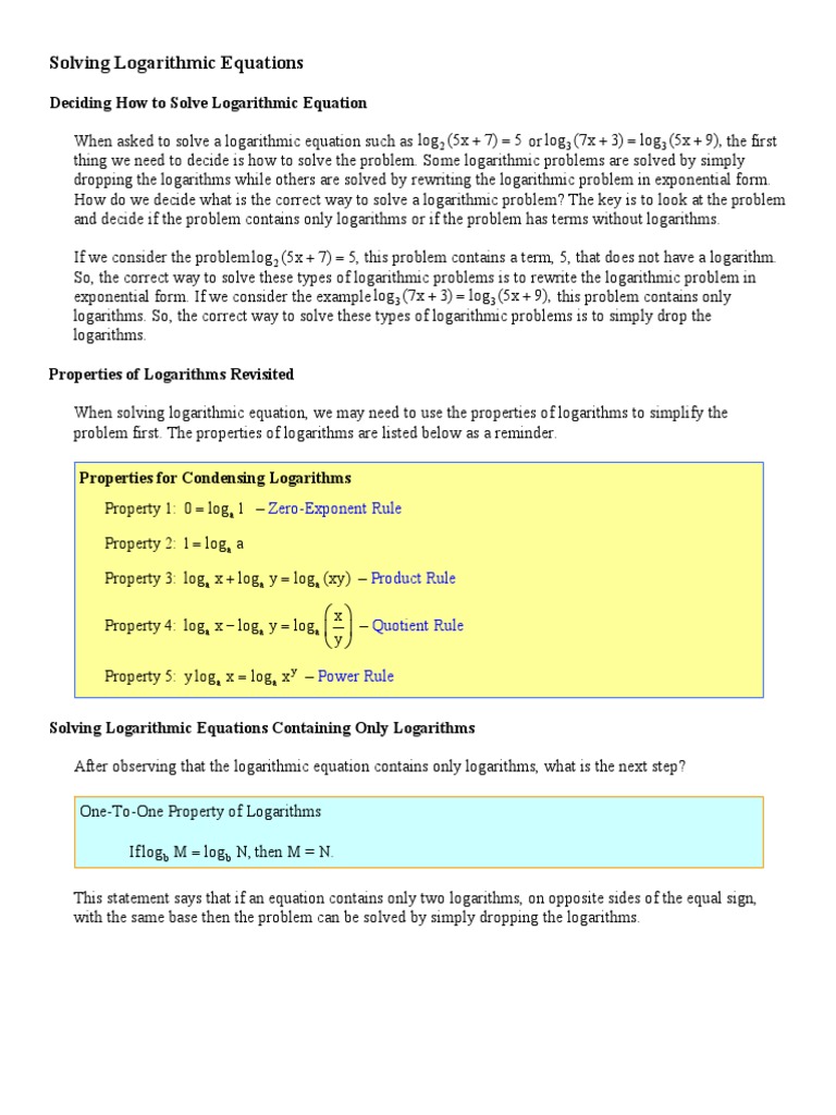 Solving Equations Worksheet | Logarithm | Quadratic Equation