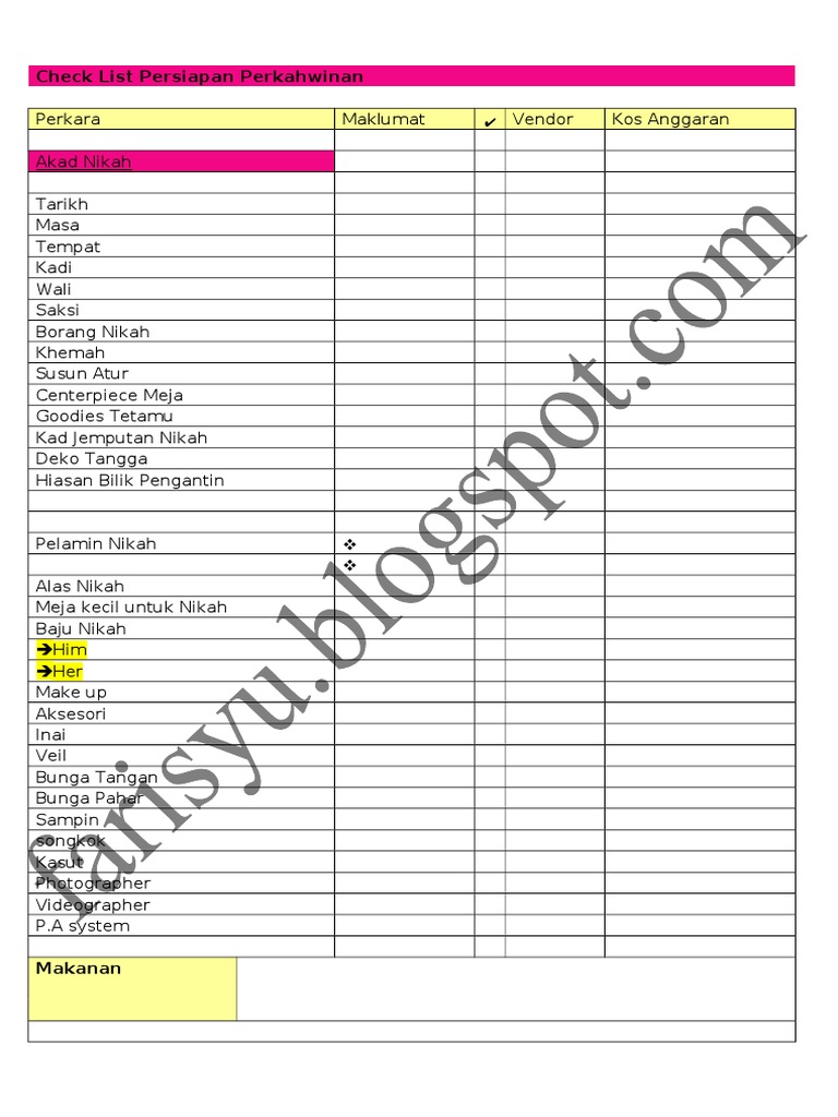 Check List Persiapan Perkahwinan Pdf