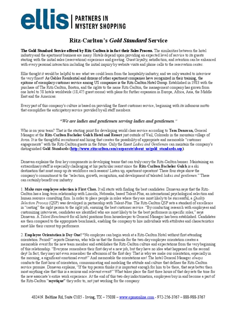 RitzCarlton’s Gold Standard Service Hotel And Business