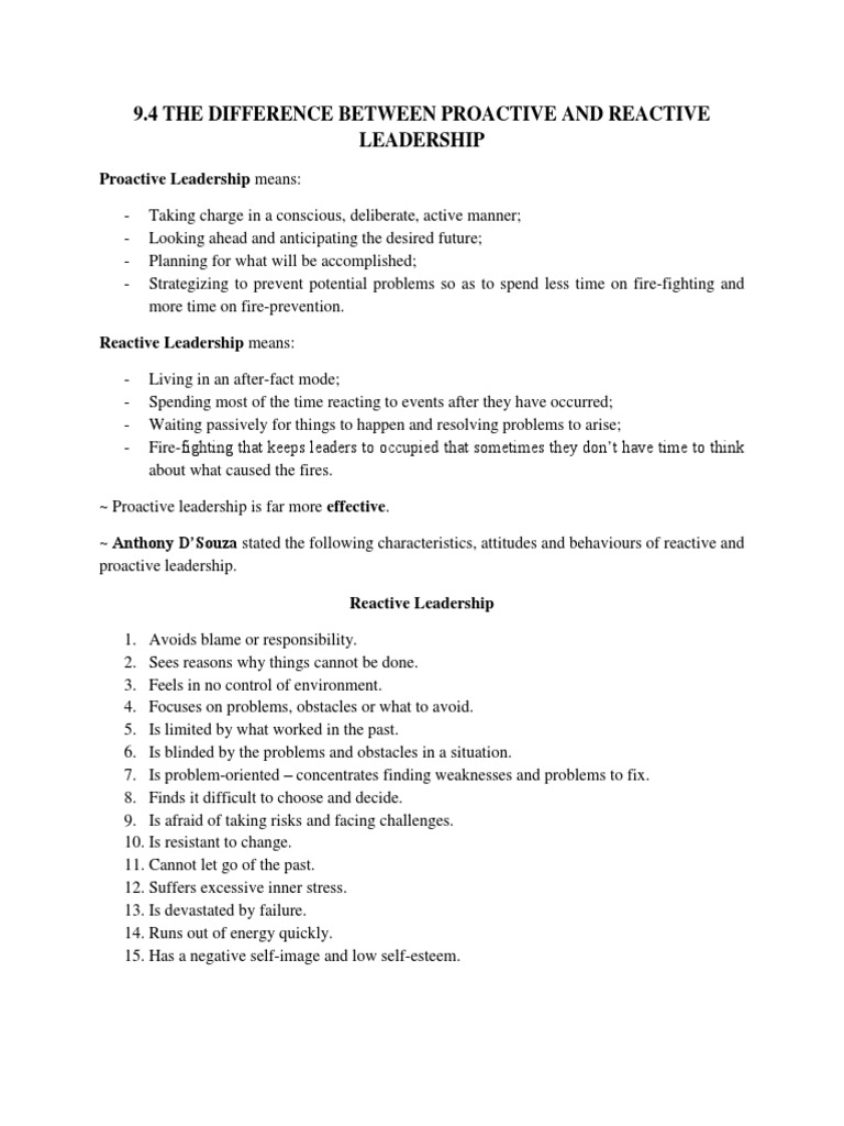 9.4 The Difference Between Proactive and Reactive Leadership | PDF ...