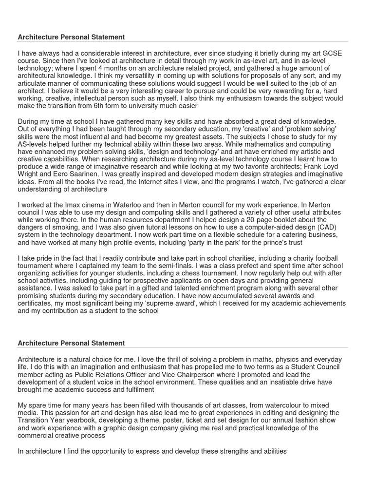 personal statement for architecture college application
