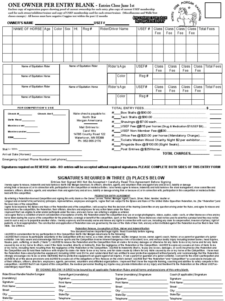 Horse Show Entry Form Instructions | PDF | Indemnity | Social Institutions