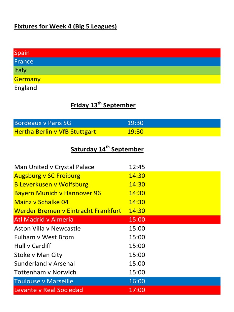 Fixtures For Week 4 in Europe | PDF | Sports & Recreation