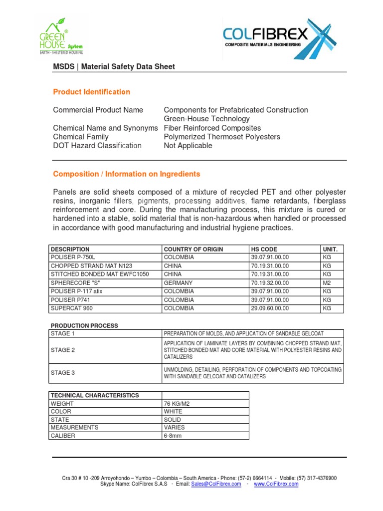 Material Safety Data Sheet Msds Fiberglass Combustion