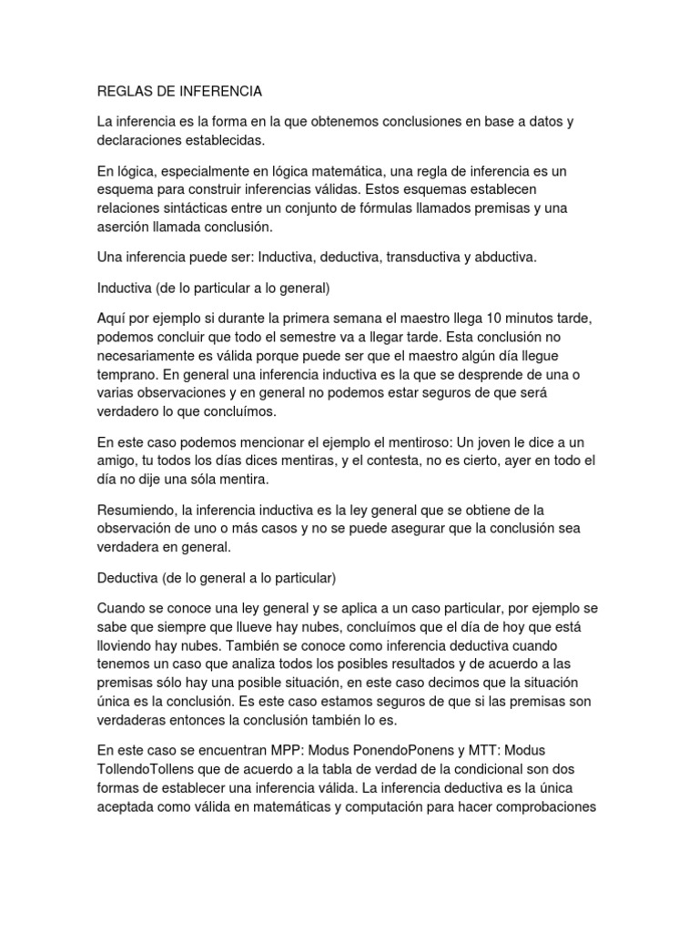 Reglas de Inferencia en Lógica | PDF | Razonamiento inductivo ...