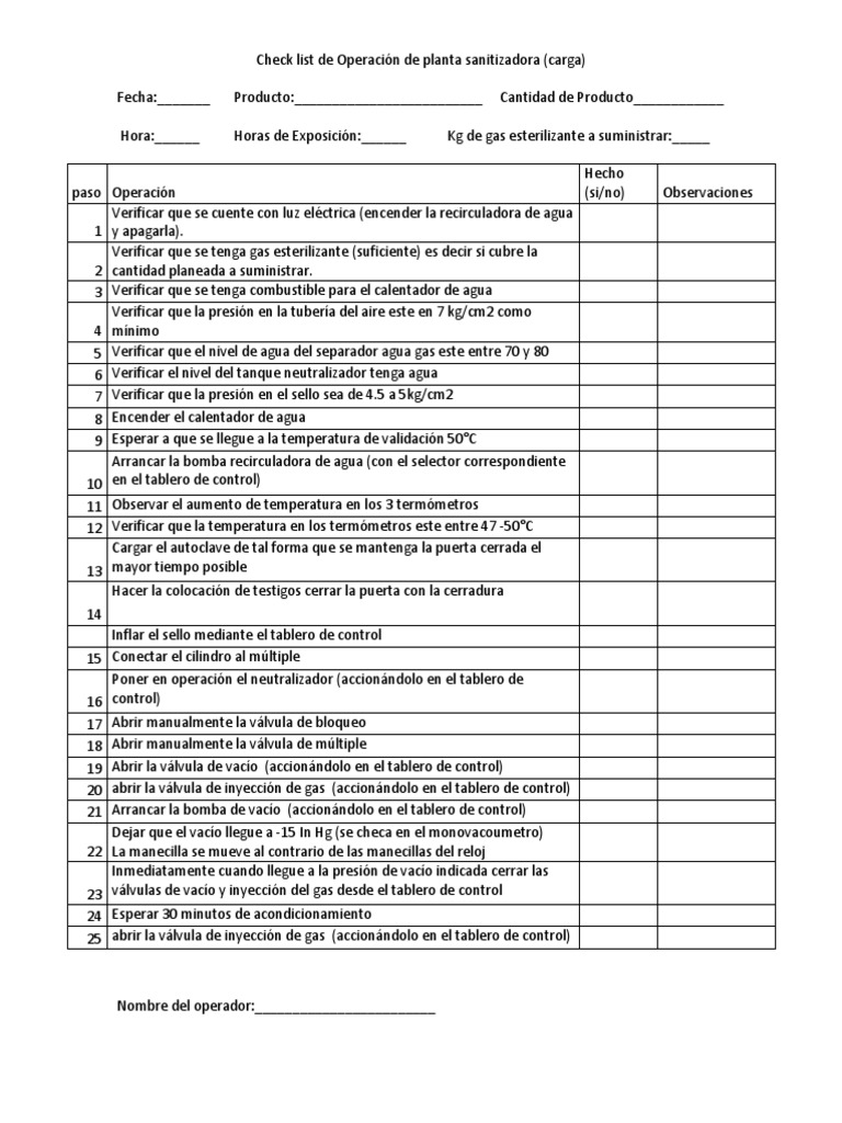 Checklist de Operación de Máquina Sanitizadora | PDF | Vacío | Gases