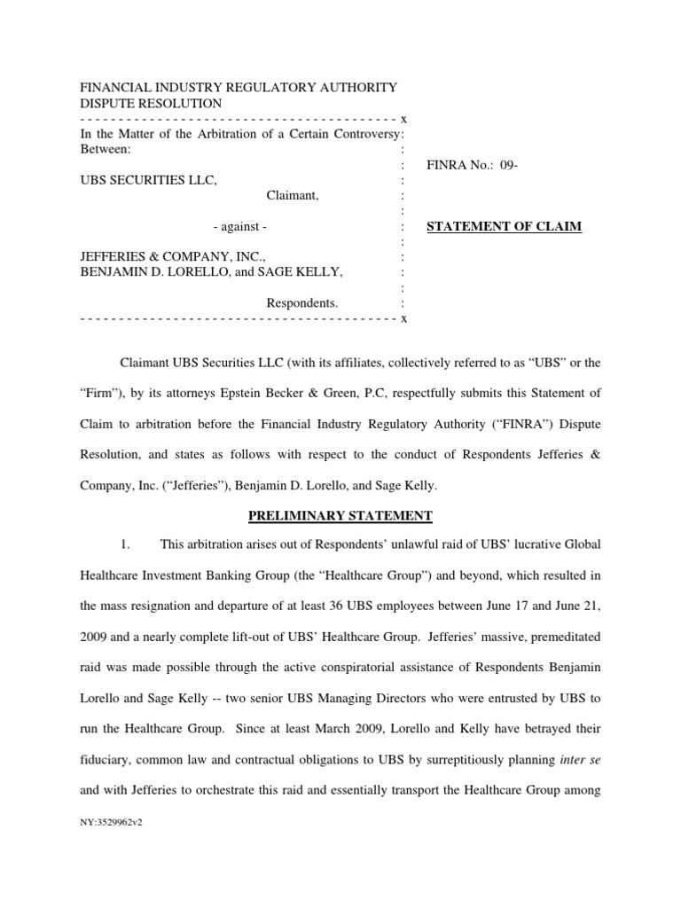 UBS Complaint Against Jeffries, Lorello and Kelly | PDF | Ubs |  Confidentiality