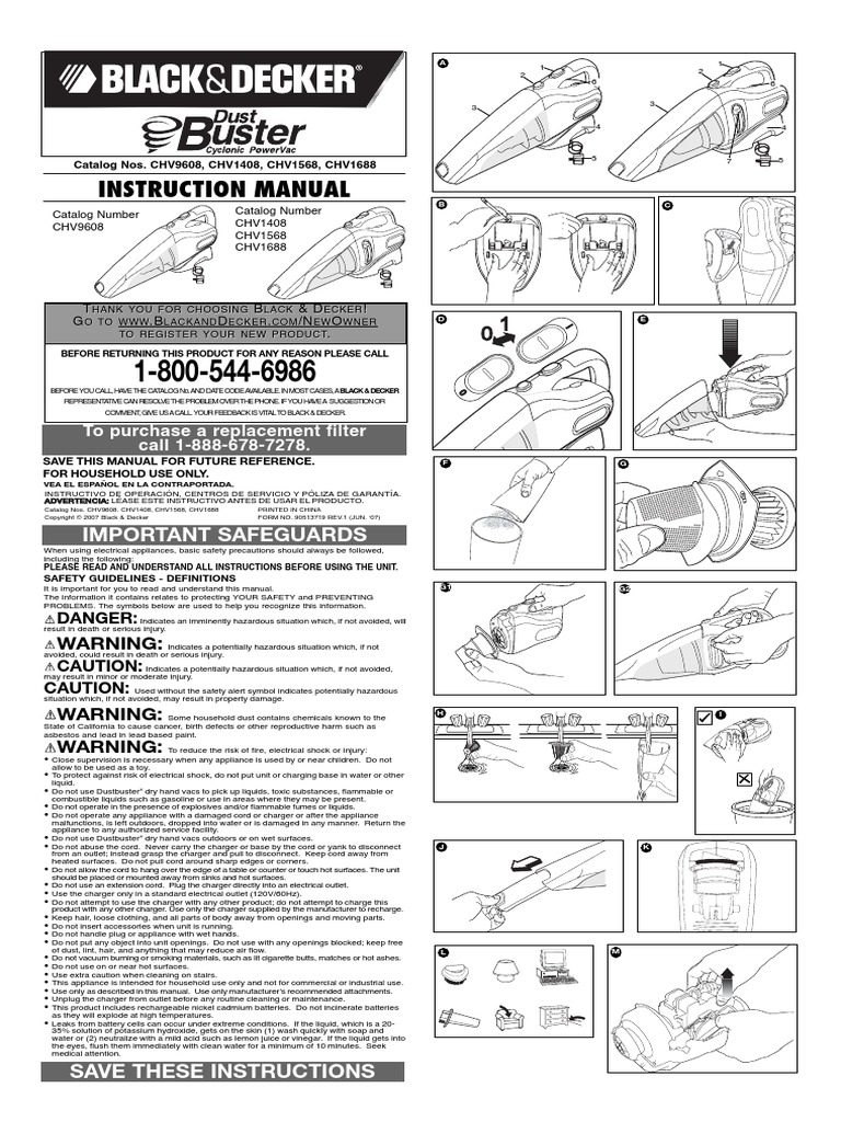 Black and Decker Cyclonic Dustbuster 15.6V Manual PDF Hazards Safety