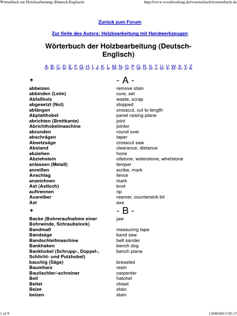 Wörterbuch Zur Holzbearbeitung Deutsch Englisch