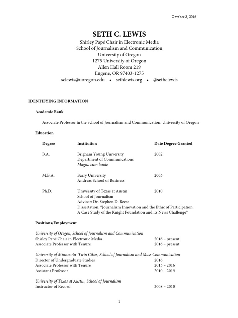 Seth C. Lewis — curriculum vitae (CV) | Journalism | News