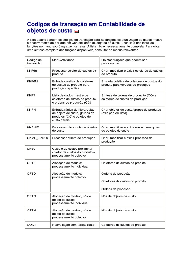 Códigos de Transação em Contabilidade de Objetos de Custo | PDF ...