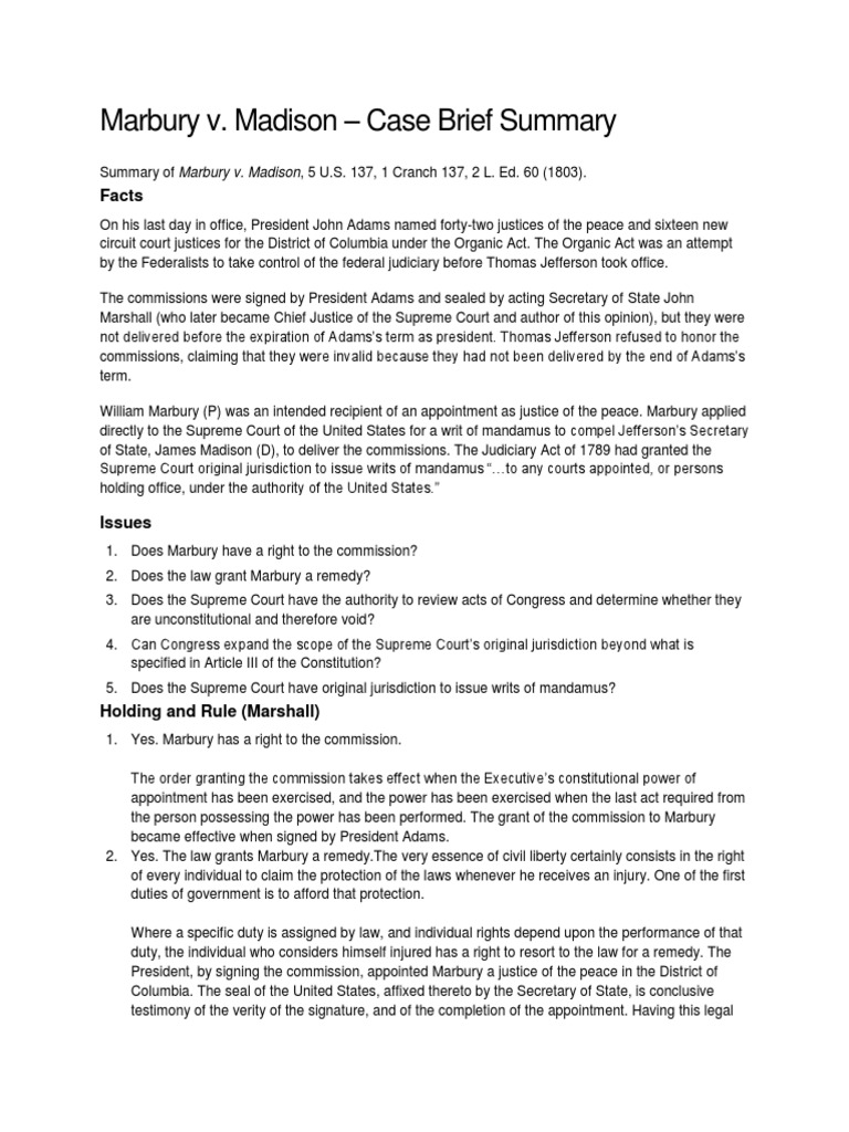 Case Summary of Marbury v. Madison Marbury V. Madison Government