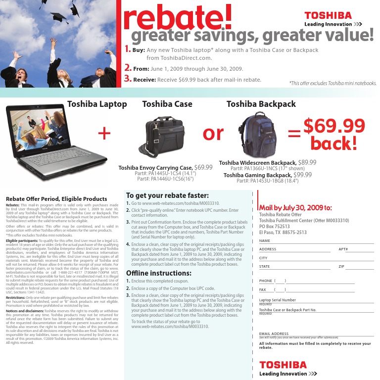 Rebate Toshiba Pcpluscase 063009 | PDF | Tax Refund | Rebate (Marketing)