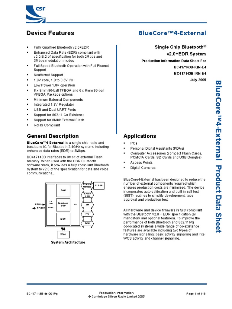 CSR BC417 Datasheet | PDF | Bluetooth | Flash Memory