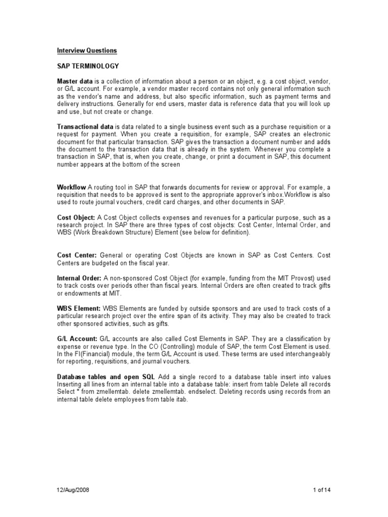 Abap Interview Quest 12aug2008 | PDF | Parameter (Computer Programming ...