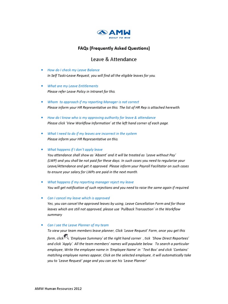 FAQs On Leave & Attendance - R0 - 2012 | PDF | Employment | Business